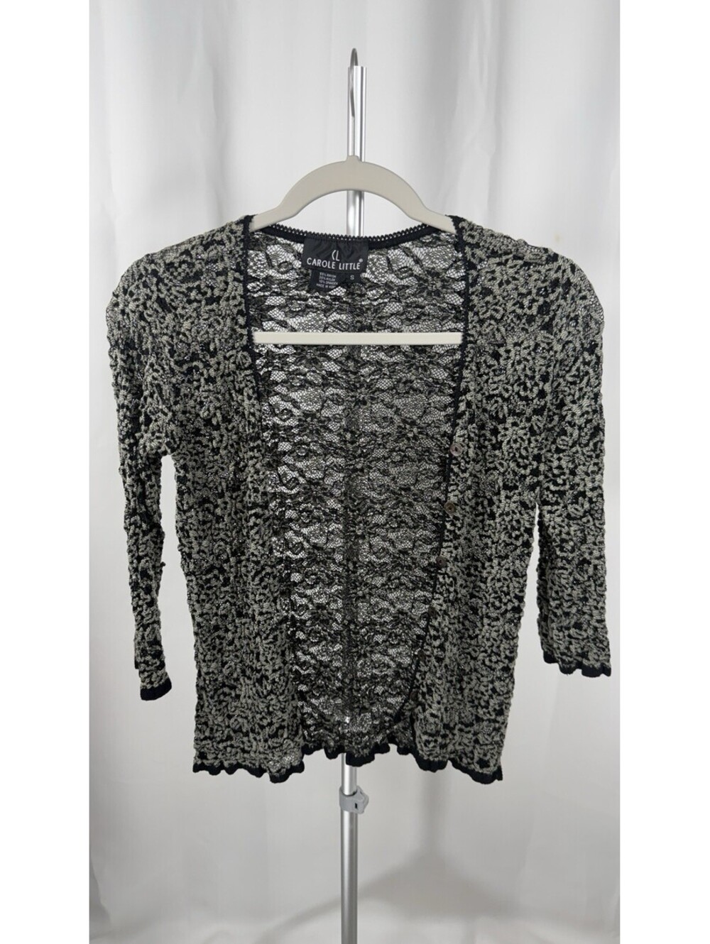 Carole Little Small Black Crochet Lace Cardigan Button Front Sheer Boho Knit